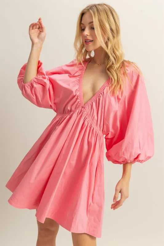 pink sequin wrap balloon sleeve mini dress Effortless Elegance Plunge Balloon Sleeve Poplin Mini Dress with Pocke –  FLYiNBEE